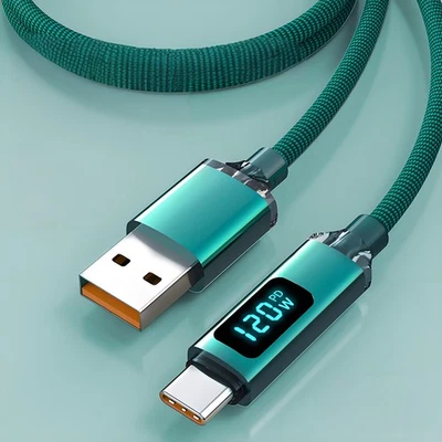USB A to Type C Cable 120W Fast Charger Braided Digital Display Lead 1m 1,5m 2m - Image 1 of 4