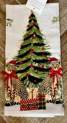 MIREILLE DESIGNS CHRISTMAS CHEETAH Kitchen Towel Set of 2 Embroidered BEADED Detailed 20" x 28