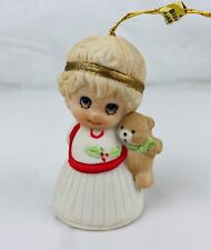 Vintage Christmas Ornament Bell Porcelain Little Girl w/ Teddy Bear Jasco READ