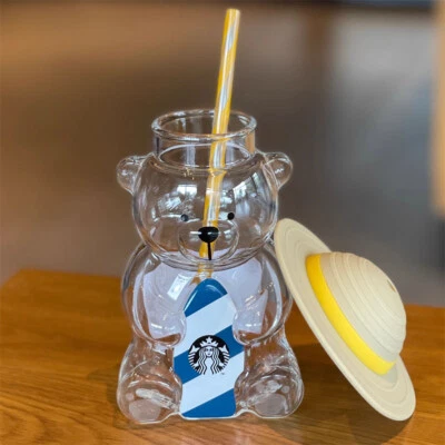 2026 Korea  Summer Yellow Hat Bear 473ml Glass Straw Cup Tumbler XMAS - Image 1 of 4
