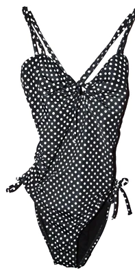 NEWPORT NEWS SWIM NEW 4 SMALL BLACK WHITE POLKA DOTS SWIMSUIT 1 PIECE KEYHOLE - Image 1 of 4
