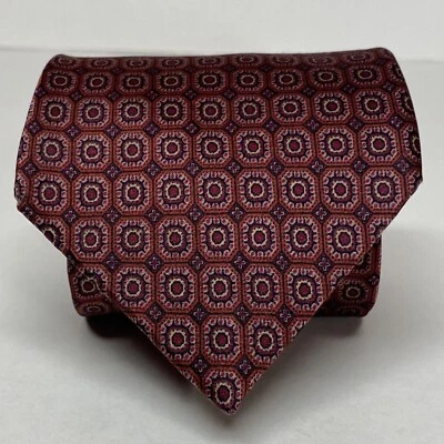 SAVILE ROW Tie Red Geometric 100% Silk Men's NeckTie Vintage Made In USA A26 - Image 1 of 4