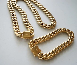 10 mm24inMen Cuban Miami Link Bracelet Chain Set 14k Gold Plated Stainless Steel - Picture 1 of 10