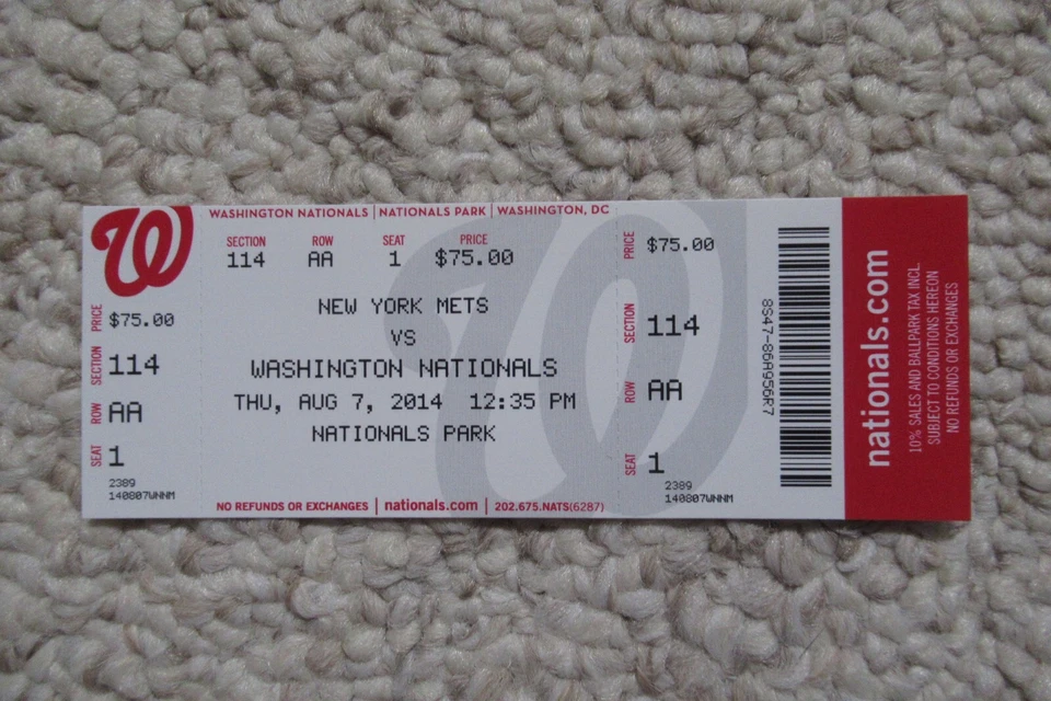 WASHINGTON NATIONALS VS METS 8/7/2014 FULL TICKET ~ BRYCE HARPER (WALKOFF HR) - Image 1 of 1
