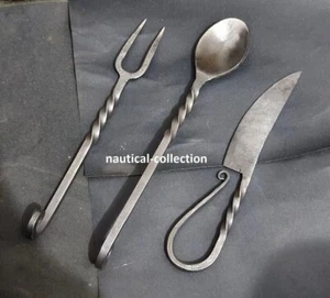 Set of 3 pc Twisted Forged Medieval Cutlery Set Viking Cutlery Knife Spoon Fork - Picture 1 of 6