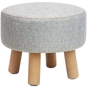 Linen Fabric Round Padded Ottoman Foot Rest Stool Gray w/ Wood Legs Stool Sheath - Picture 1 of 7