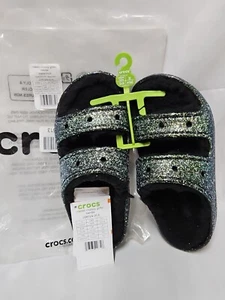 Crocs Sandals Black Silver Classic Cozzzy Glitter Straps Womens Size 4 New Cozy - Picture 1 of 12