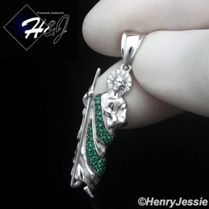 MEN WOMEN SOLID 925 STERLING SILVER ICY GREEN CZ SAN JUDAS ST.JUDE PENDANT*SP490 - Picture 1 of 4