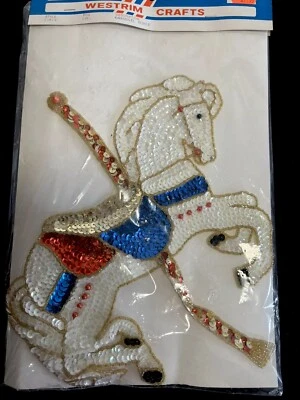 Vintage CAROUSEL HORSE Sequins Appliqué Sew On Patch 10 X 7 NOS - Image 1 of 4