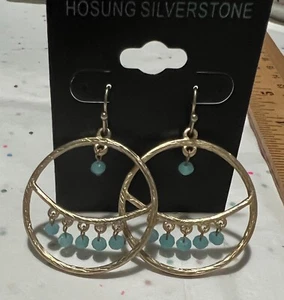 Jewelry Circular Gold Toned with Baby Blue Crystals Dangle Bohemian Earrings - Picture 1 of 9