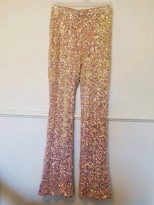 Pantalones acampanados Forever 21 lentejuelas tiro medio para mujer talla S jersey rosa melocotón Foto 1 de 4