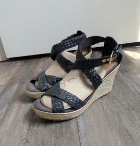 Sperry Strappy Black Braided Leather Women's Espadrille Wedges Size 8.5 - Picture 1 of 5