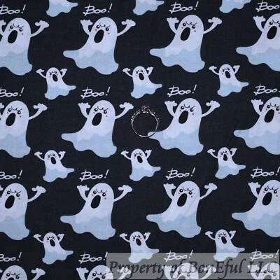 BonEful Fabric Cotton Quilt Black White B&W GHOST Face Disney Holiday SALE SCRAP - Image 1 of 4