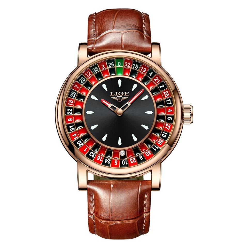 LIGE 2025 Men’s quartz Las Vegas roulette table 45 mm water resistant Br/band