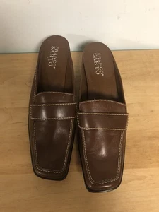 Womens Franco Sarto Brown Leather Mule Slip On Shoes Sz 7M Loafer Block Heel - Picture 1 of 9