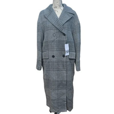 Abrigo Zara Nuevo con Etiquetas Gris Mezcla de Lana Cuadros Cuello Solapa Bolsillo Doble Pecho Pequeño Foto 1 de 4