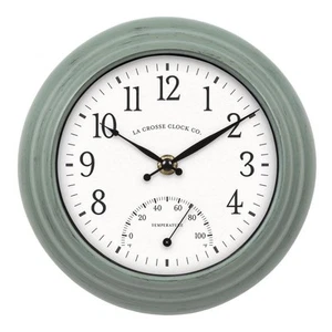 Wall Clock Outdoor Indoor 8in Analog Quartz Sage Green Weather Thermometer Gauge - Picture 1 of 9