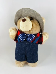 Vtg 1986 Graphics International, Inc. Teddy Bear 7" Tall Overalls, Flannel w/Hat - Picture 1 of 11