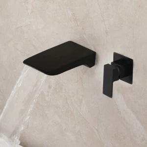 2PCS Black Bathroom Faucet Waterfall Single Handle Wall Mounted Mixer Brass Taps - Picture 1 of 11