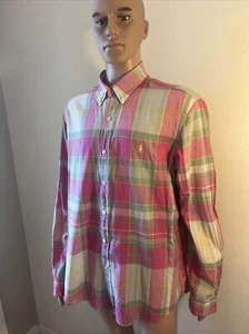 Polo Ralph Lauren Hombre Camisa Oxford Tejida a Mano Madrás Cuadros Naranja Rosa Mediana  - Imagen 1 de 9