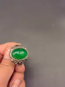 Alter chinesischer tibetischer Silbereinlage grüner Edelstein handgefertigter Ring Schmuck Geschenk - Bild 1 von 5