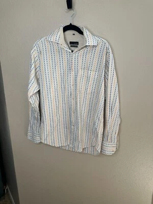 Basics Mens Cream Button-Up Shirt Medium Striped 2 Ply Mercerised Dobby Cotton - Image 1 of 4