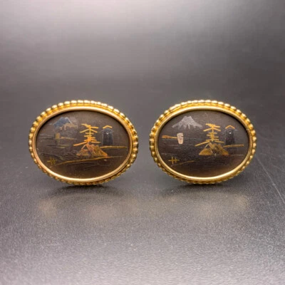 Krementz Cufflinks Gold Tone Asian Style Mountain Scene Painted Oval - Image 1 of 4