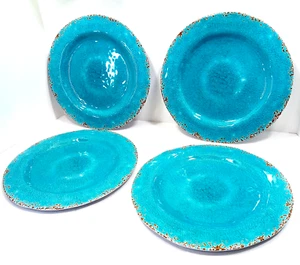 4 Turquoise Melamine Crackle Dinner Plates Dishwasher Safe Allen & Roth - Picture 1 of 8