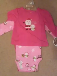 NWT GIRLS 3-PC CHRISTMAS SET LS TOP, BODYSUIT, PANTS PINK SANTA SNOWMEN 3-6 MOS - Picture 1 of 2