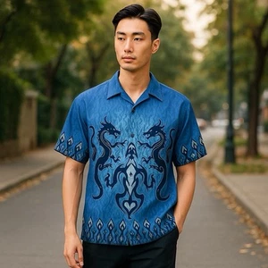 D Clothing Blue Short Sleeve Camp Shirt Polyester Dragon Print Mens Large - Picture 1 of 15