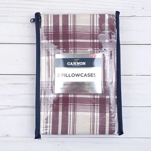 Cannon Pillow Cases Standard Plaid Set of 2 Burgundy Ivory - Picture 1 of 2