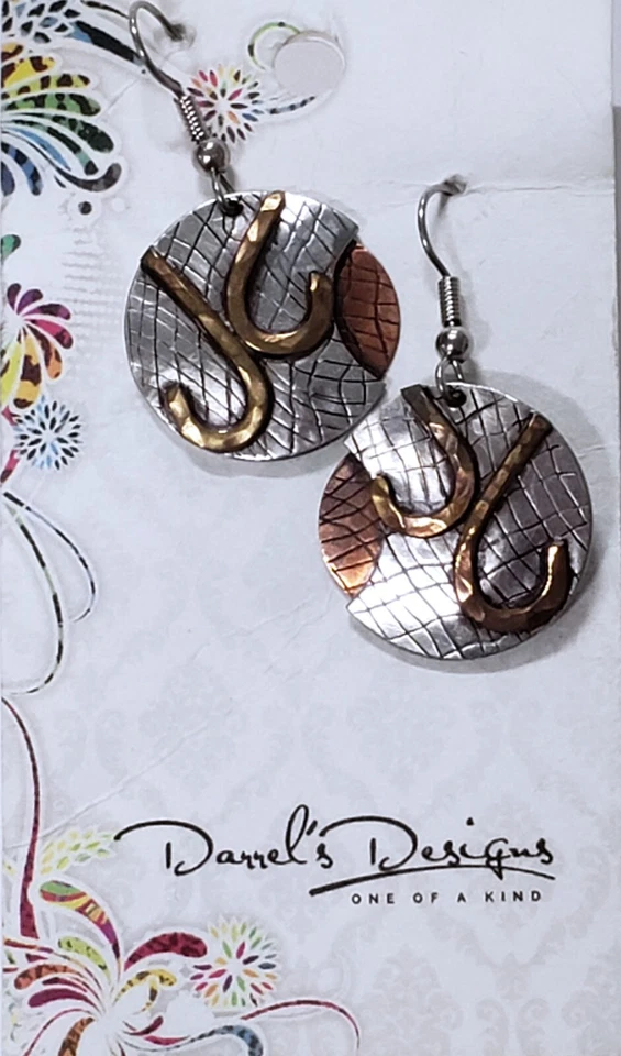 earrings metal silver & bronze/brown artisan made dangle 7/8" dia, new unworn - Image 1 of 2