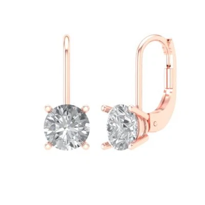 2ct Round Cut Solitaire Stud Designer everyday Earrings 14k Rose gold Lever back - Image 1 of 4