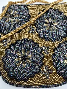 Handgefertigte Perlen blau/gold & Seide Damen Handtasche Partykleidung Sling Handtasche 7"x 7" - Bild 1 von 7
