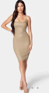 BEBE Vegan Leather Midi Dress Taupe Size Large NWT Bodycon Feminine Clubwear - Picture 1 of 15