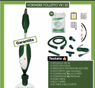 ASPIRAPOLVERE VORWERK FOLLETTO VK135 CON HD35 +GARANZIA +TUBO+KIT PUNT-SACCHETTI - Immagine 1 di 4