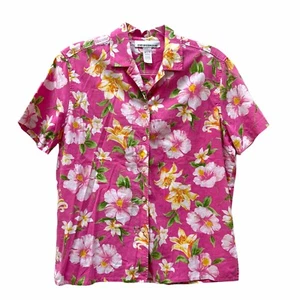 Vintage 90s Linen-Blend Pink Floral Hawaiian Blouse Tropical Tiki Hibiscus Lilly - Picture 1 of 8