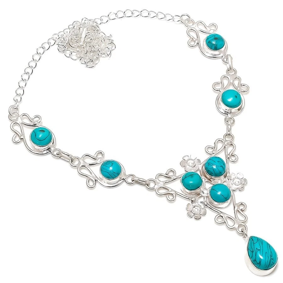 Blue Turquoise Gemstone Handmade 925 Sterling Silver Jewelry Necklace Sz 18" - Image 1 of 1