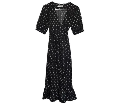 Urban Outfitters Wrap Dress Size M Black White Floral Short Sleeve Unlined Midi - Image 1 of 4