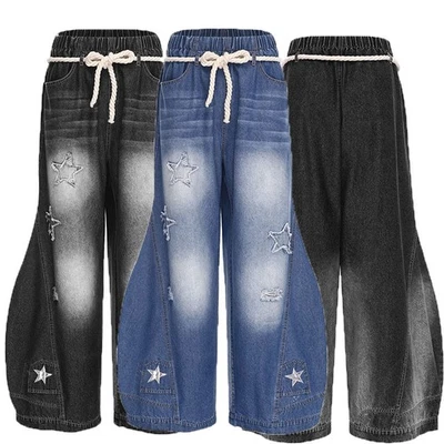Frauen Hose Weites Bein Jeans Festival Denim Streetwear Sternen-Patchwork Lang - Bild 1 von 4