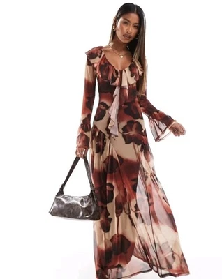 Asos Boho Maxi Dress Size Medium 12 - 14 Ruffle Floaty Deep Red Brown Floral - Image 1 of 4