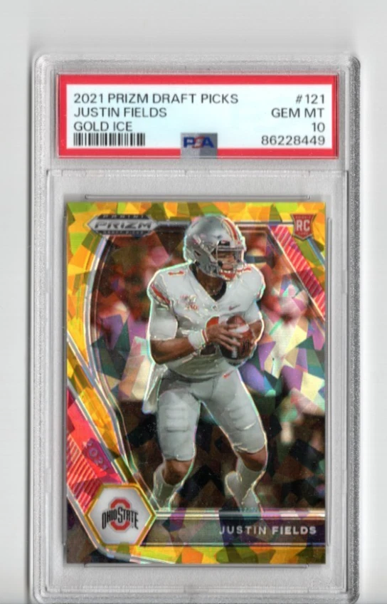 2021 Prizm Draft Picks #121 Justin Fields "GOLD ICE" PRIZM RC, PSA 10 GEM MT - Image 1 of 1