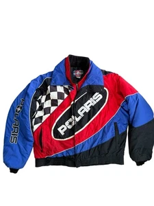 Vintage Polaris Racing Snowmobile Stripes Checkered Jacket Coat Men - Picture 1 of 5
