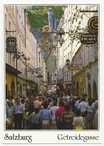 Salzburg Austria Getreidegasse Postcard Old Signs Signboards Busy Shopping St - Picture 1 of 2