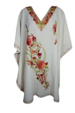 Women Caftan Dress White Embroidered Lounger Beach Dresses Coverup Cotton 3xl