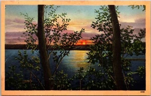 Postal Lago Escena Árboles Puesta de sol Anochecer Paisaje Arte Poscruce - Imagen 1 de 2