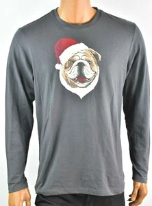 Club Room Men T-Shirt New XL Gray Crew Long Sleeve Santa Hat Bulldog Casual - Picture 1 of 2