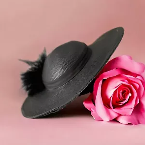 Vintage '60s Designed by Sylvia Black Straw Saucer Hat Marabou - Picture 1 of 5