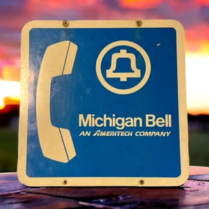 Vtg Michigan Bell Telephone Sign Drive Up Pay Phone Ameritech Advertising Blue - Picture 1 of 7