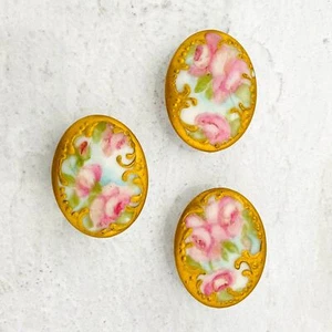 Set of Three Antique Hand Painted Porcelain Buttons - Roses - Picture 1 of 7